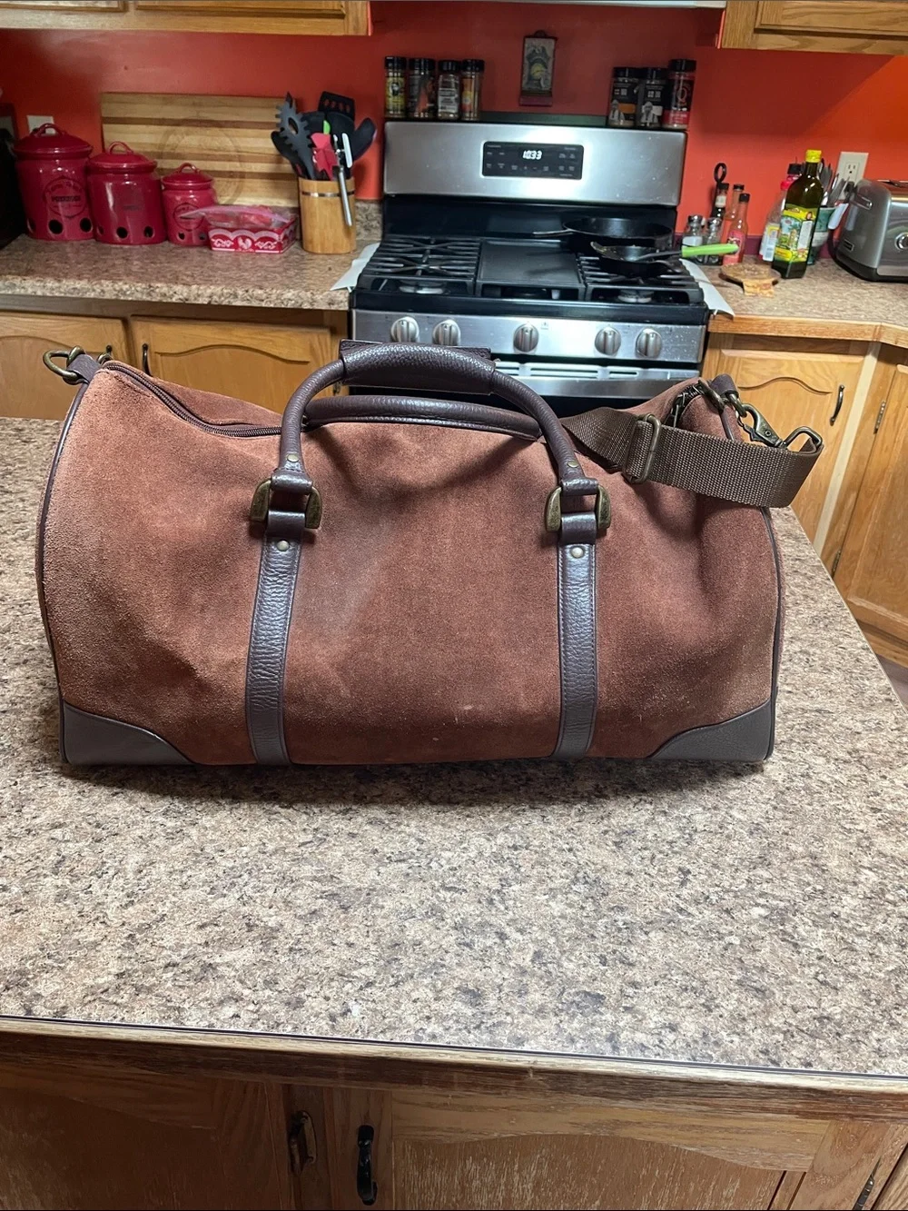 Vintage Large Hobo Shoulder Bag Suede Leather Trim Brass Fittings
